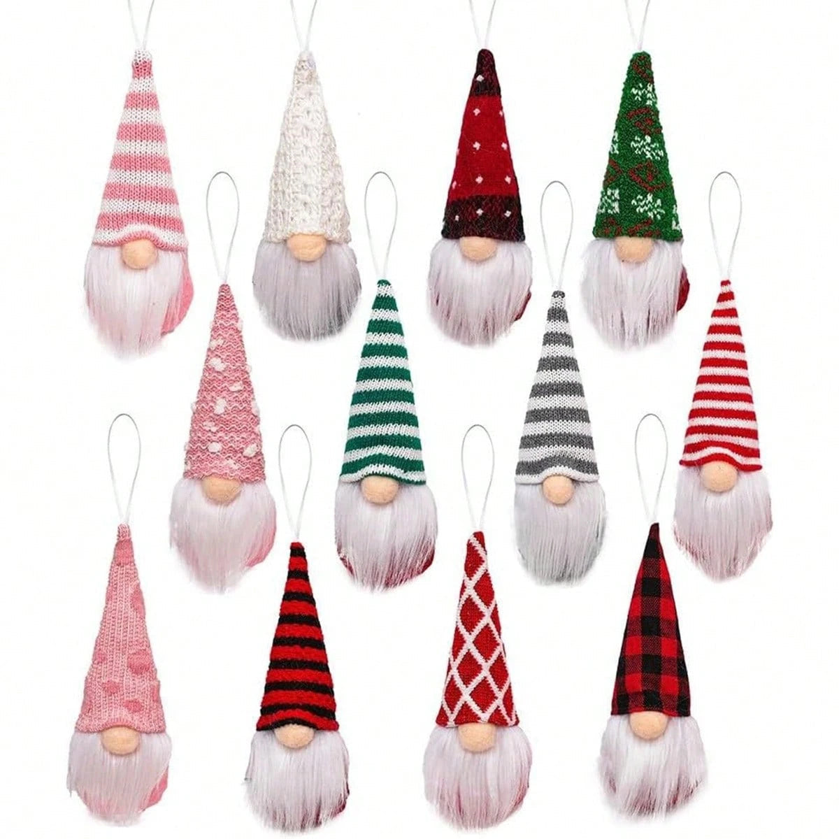 HKM-630419 12 Pcs Christmas Gnome Ornaments Set - Small Hanging Tomte Santa Decorations for Tree and Holiday Decor