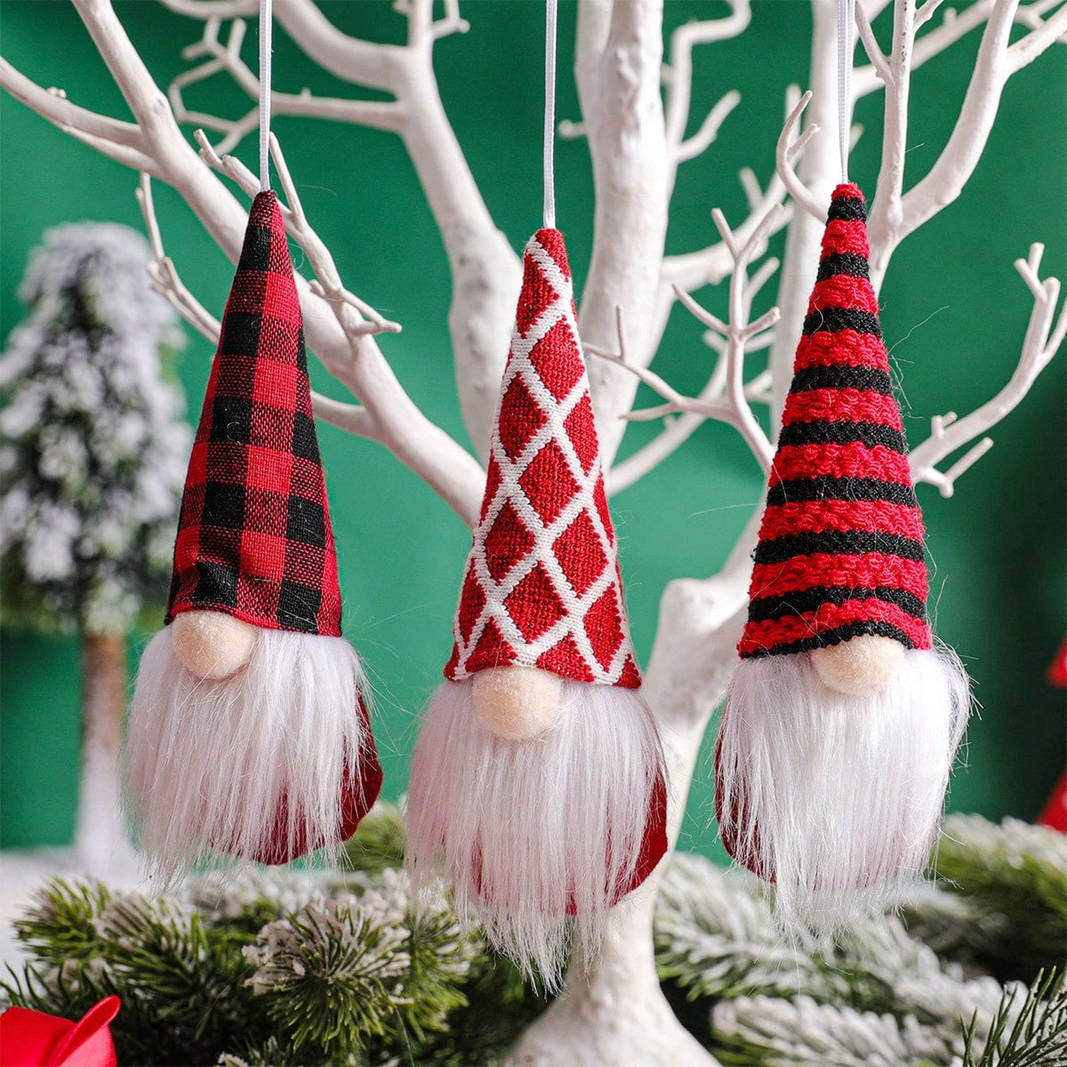 HKM-630419 12 Pcs Christmas Gnome Ornaments Set - Small Hanging Tomte Santa Decorations for Tree and Holiday Decor