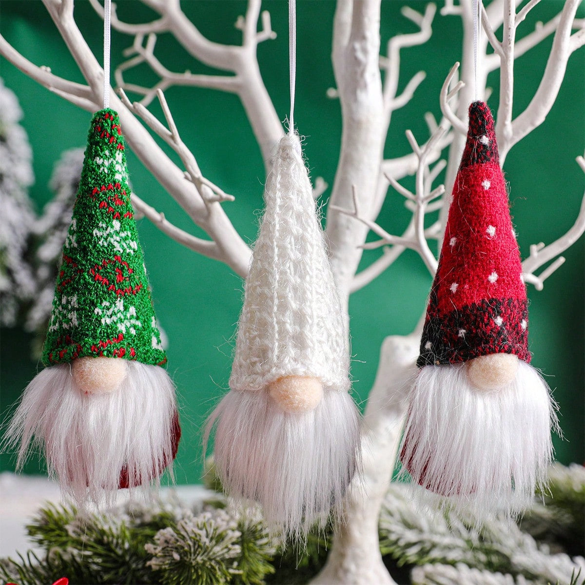HKM-630419 12 Pcs Christmas Gnome Ornaments Set - Small Hanging Tomte Santa Decorations for Tree and Holiday Decor