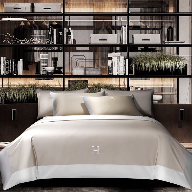 HKM-630611 Light Luxury Solid Color Long-Staple Cotton Four-Piece Bedding Set with Embroidery