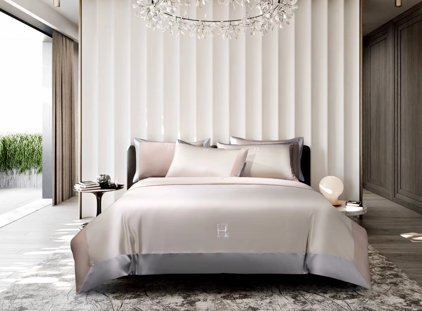 HKM-630611 Light Luxury Solid Color Long-Staple Cotton Four-Piece Bedding Set with Embroidery