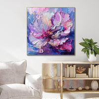 HKM-631379 Handmade Abstract Oil Painting of Big Purple Flowers on Canvas for Home Decoration
