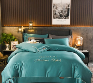HKM-631763 European-Style Washed Silk Four-Piece Bedding Set with Lace Details in Ice Silk for 1.8m Beds