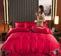 HKM-631763 European-Style Washed Silk Four-Piece Bedding Set with Lace Details in Ice Silk for 1.8m Beds