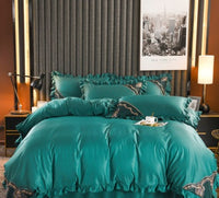 HKM-631763 European-Style Washed Silk Four-Piece Bedding Set with Lace Details in Ice Silk for 1.8m Beds