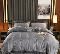HKM-631763 European-Style Washed Silk Four-Piece Bedding Set with Lace Details in Ice Silk for 1.8m Beds