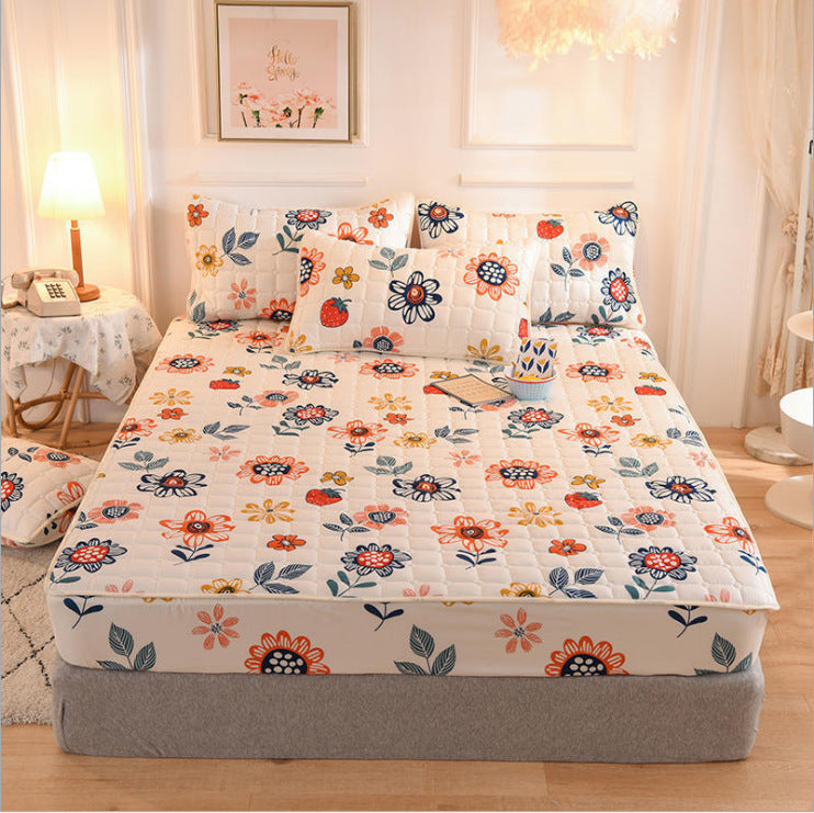 HKM-631827 Brushed Quilted Bed Sheet Set with Floral Design and Pillowcase