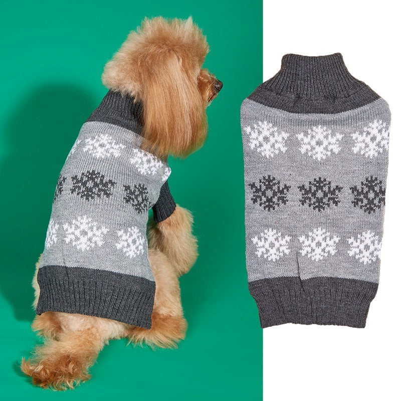 HKM-632019 Cozy Gray and Dark Brown Snowflake Dog Sweater for Holiday Celebrations