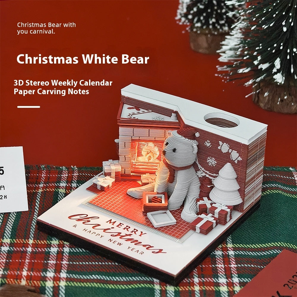 HKM-632211 Christmas Three-Dimensional Paper Carving Calendar with White Bear Design, 8cm x 8cm x 4.8cm, 175 Note Pages