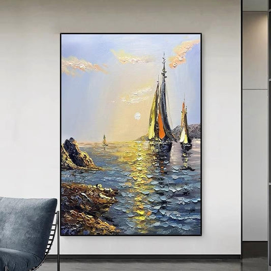 HKM-633683 Handmade Oil Painting - Sea Boat Landscape Canvas Art for Living Room Decor (Unframed)