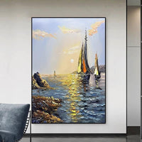 HKM-633683 Handmade Oil Painting - Sea Boat Landscape Canvas Art for Living Room Decor (Unframed)