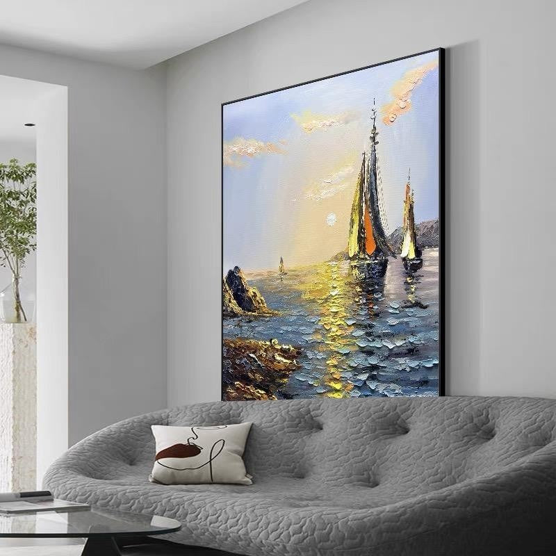 HKM-633683 Handmade Oil Painting - Sea Boat Landscape Canvas Art for Living Room Decor (Unframed)