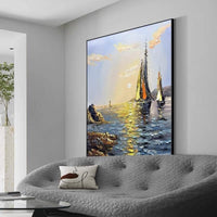 HKM-633683 Handmade Oil Painting - Sea Boat Landscape Canvas Art for Living Room Decor (Unframed)