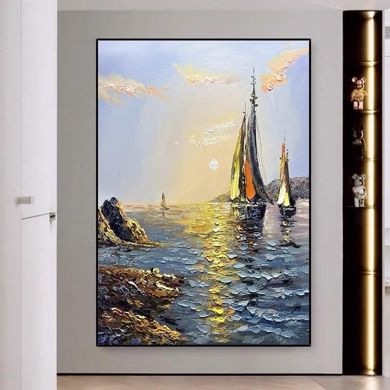 HKM-633683 Handmade Oil Painting - Sea Boat Landscape Canvas Art for Living Room Decor (Unframed)