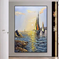 HKM-633683 Handmade Oil Painting - Sea Boat Landscape Canvas Art for Living Room Decor (Unframed)
