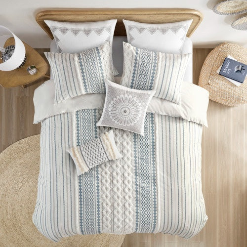 HKM-634067 Multicolor Aztec Print King/Cal King Cotton Duvet Cover Set with Chenille and Matching Shams