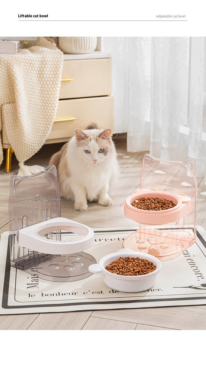 HKM-634259 Adjustable Height Cat Ear Pet Feeding Bowl in Gray and Pink, Made of Durable ABS