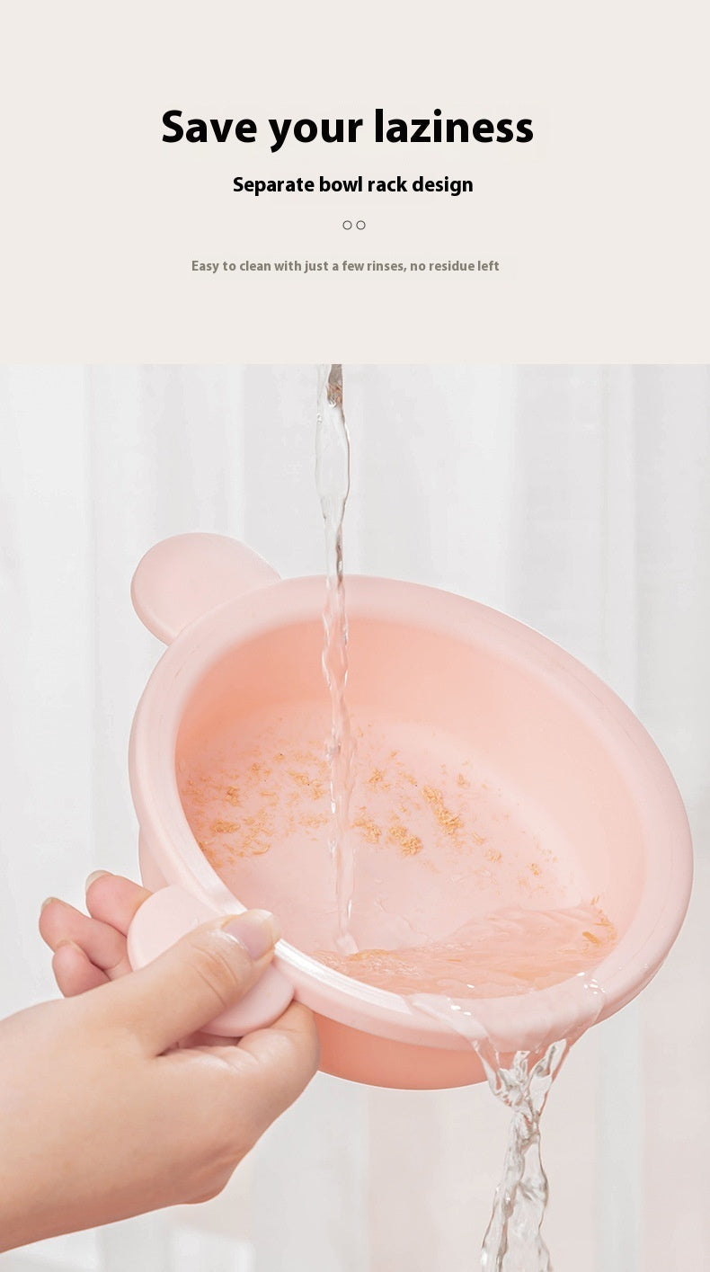 HKM-634259 Adjustable Height Cat Ear Pet Feeding Bowl in Gray and Pink, Made of Durable ABS
