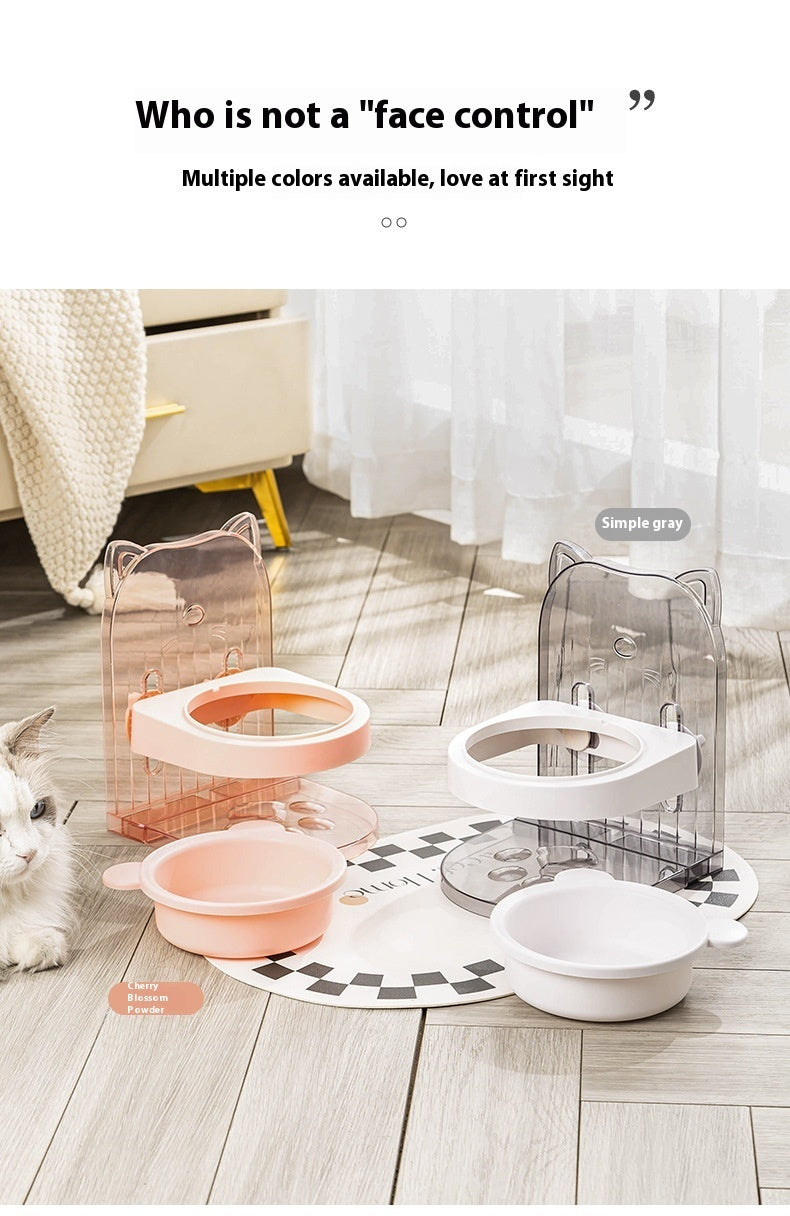 HKM-634259 Adjustable Height Cat Ear Pet Feeding Bowl in Gray and Pink, Made of Durable ABS