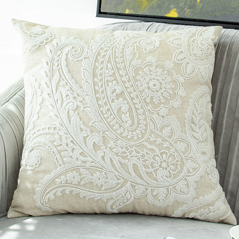 HKM-634963 Embroidered Cotton and Linen Tassel Pillowcase with Plant and Flower Pattern