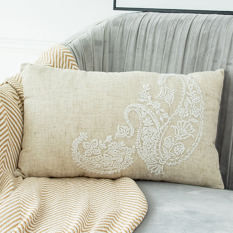 HKM-634963 Embroidered Cotton and Linen Tassel Pillowcase with Plant and Flower Pattern