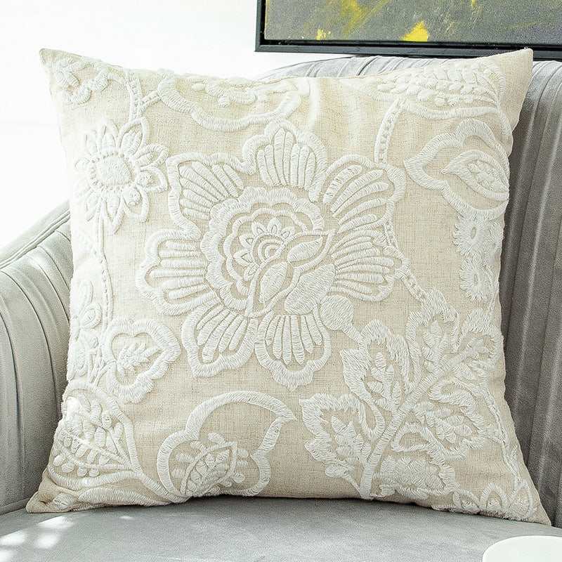 HKM-634963 Embroidered Cotton and Linen Tassel Pillowcase with Plant and Flower Pattern