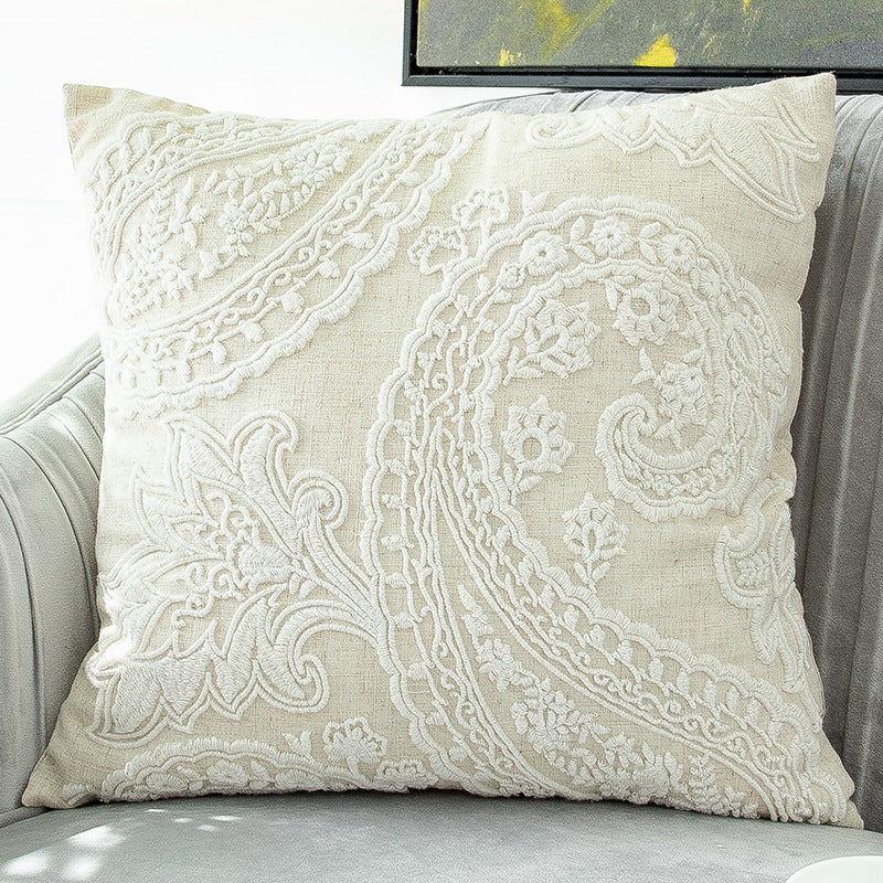 HKM-634963 Embroidered Cotton and Linen Tassel Pillowcase with Plant and Flower Pattern