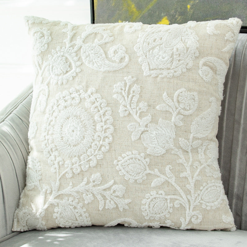 HKM-634963 Embroidered Cotton and Linen Tassel Pillowcase with Plant and Flower Pattern