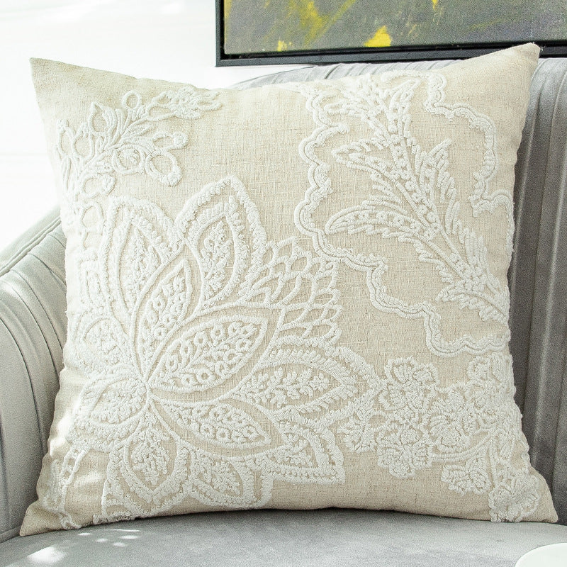 HKM-634963 Embroidered Cotton and Linen Tassel Pillowcase with Plant and Flower Pattern