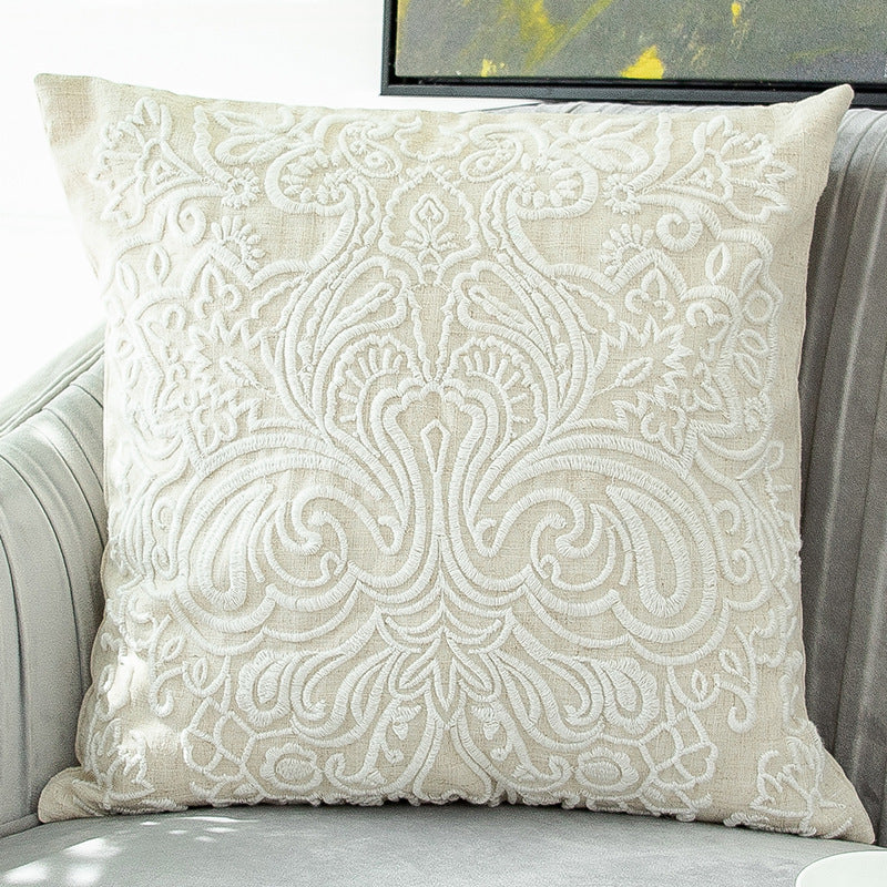 HKM-634963 Embroidered Cotton and Linen Tassel Pillowcase with Plant and Flower Pattern