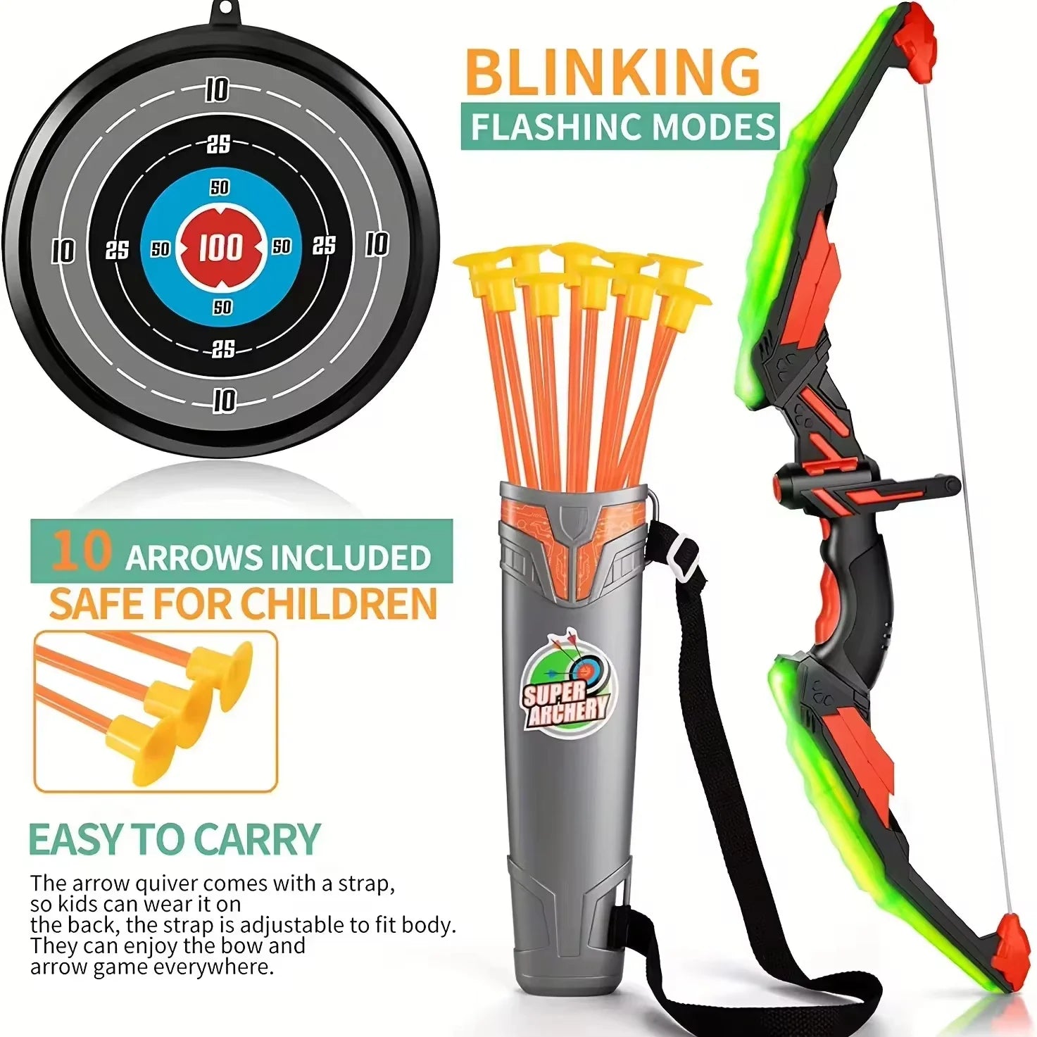HKM-635155 LED Bow and Arrow Shooting Set with Suction Cup Target for Indoor and Outdoor Fun