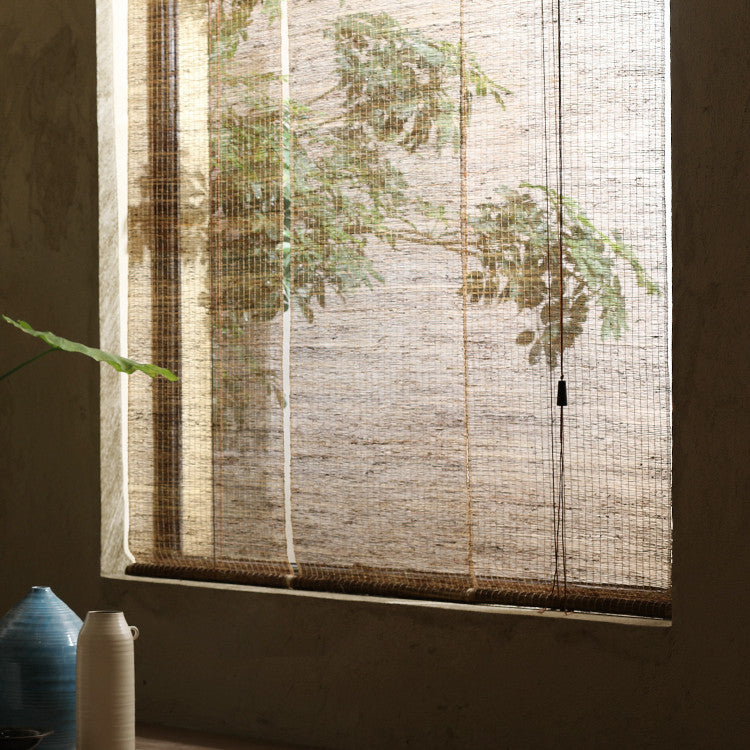 HKM-635603 Japanese Ramie Roller Blind for Tea Rooms - Semi-Shading, Plain Beige Design, Available in Multiple Widths
