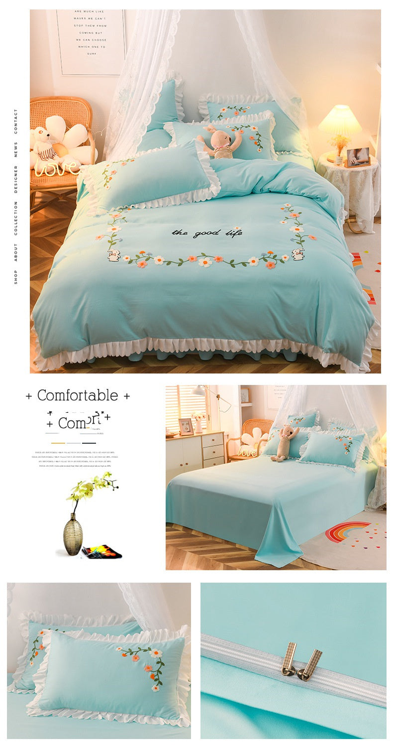 HKM-635731 Embroidered Wind Ruffled Duvet Cover Set for Single Bed - 3 Piece