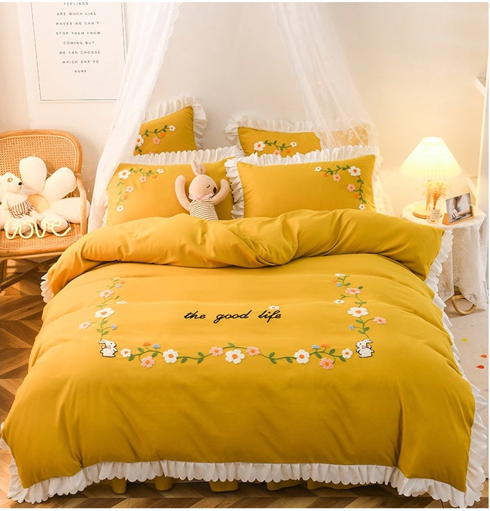 HKM-635731 Embroidered Wind Ruffled Duvet Cover Set for Single Bed - 3 Piece