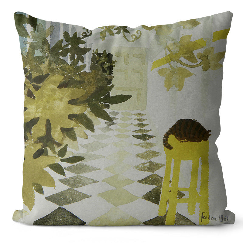 HKM-635859 Home Art Double-Sided Velvet and Linen Oil Painting Pillow Cover - 45x45cm