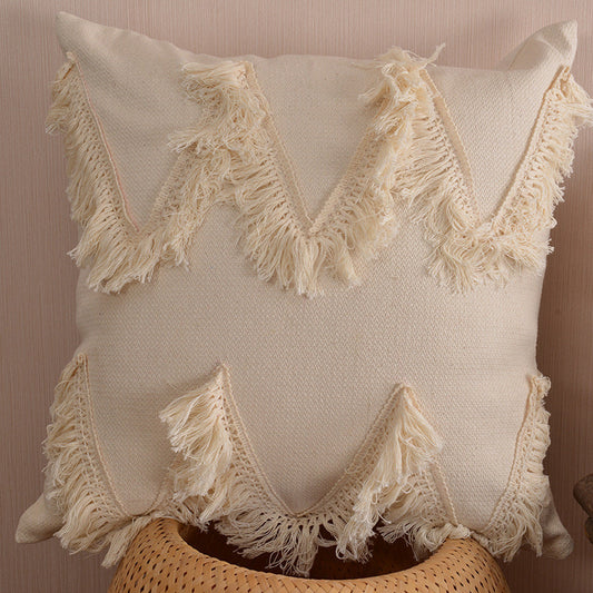 HKM-636179 Moroccan Style Cotton Tassel Cushion Pillow with Removable Cover - 45x45cm