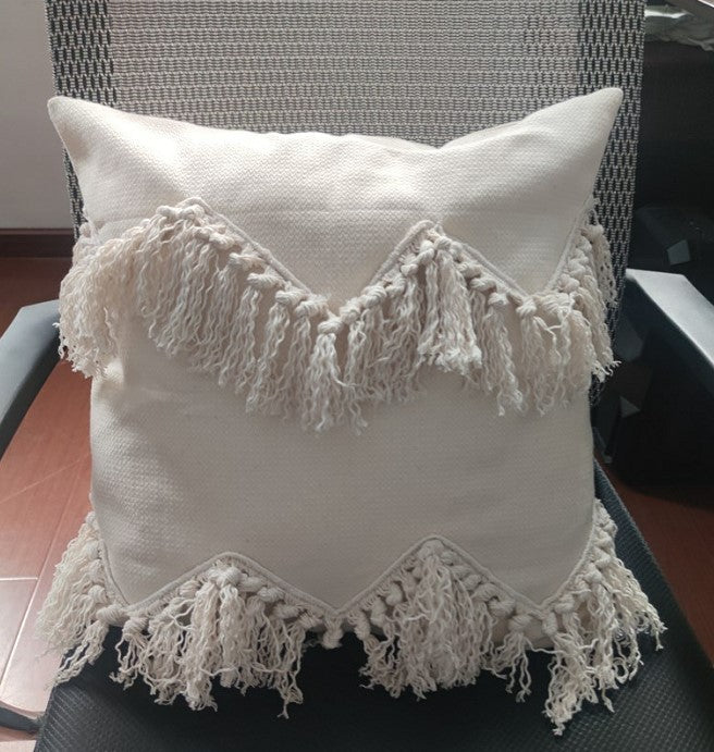 HKM-636179 Moroccan Style Cotton Tassel Cushion Pillow with Removable Cover - 45x45cm