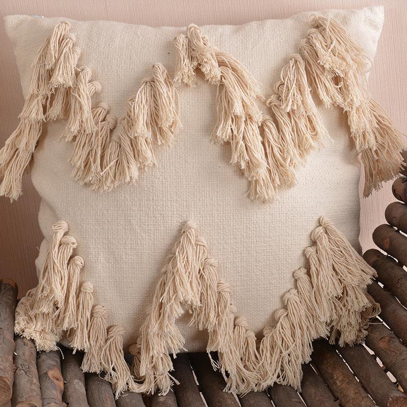 HKM-636179 Moroccan Style Cotton Tassel Cushion Pillow with Removable Cover - 45x45cm