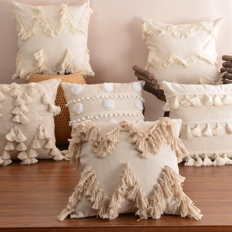 HKM-636179 Moroccan Style Cotton Tassel Cushion Pillow with Removable Cover - 45x45cm