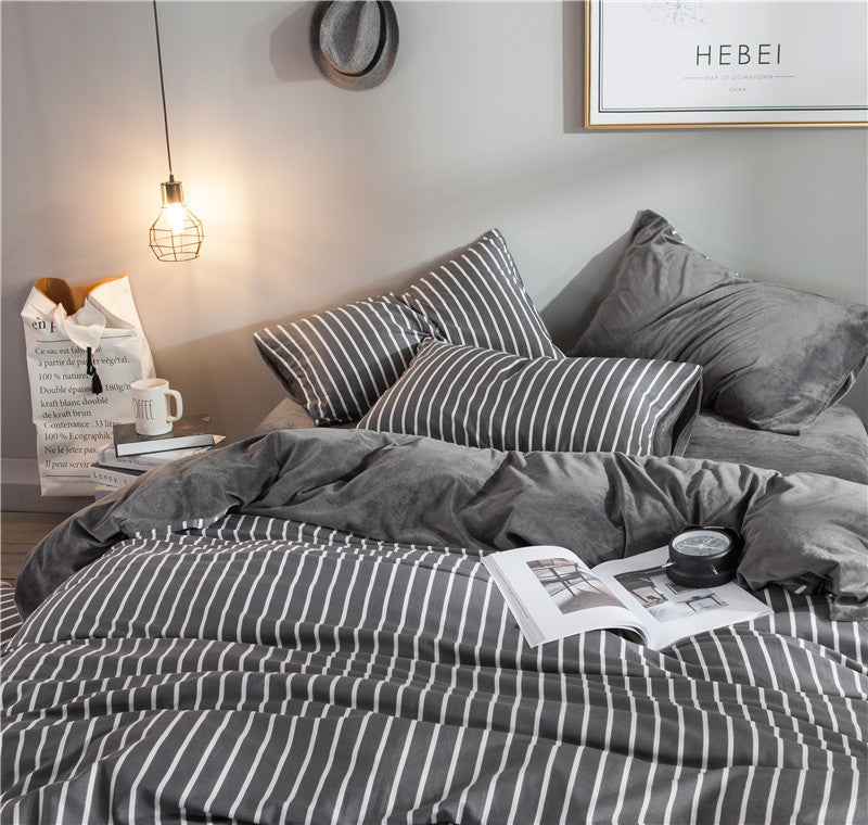 HKM-636371 Leopard and Floral Print Cotton Velvet 4-Piece Bedding Set - Duvet Cover, Sheets, Pillowcases