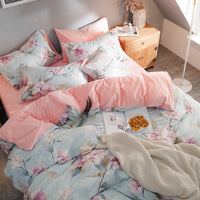 HKM-636371 Leopard and Floral Print Cotton Velvet 4-Piece Bedding Set - Duvet Cover, Sheets, Pillowcases