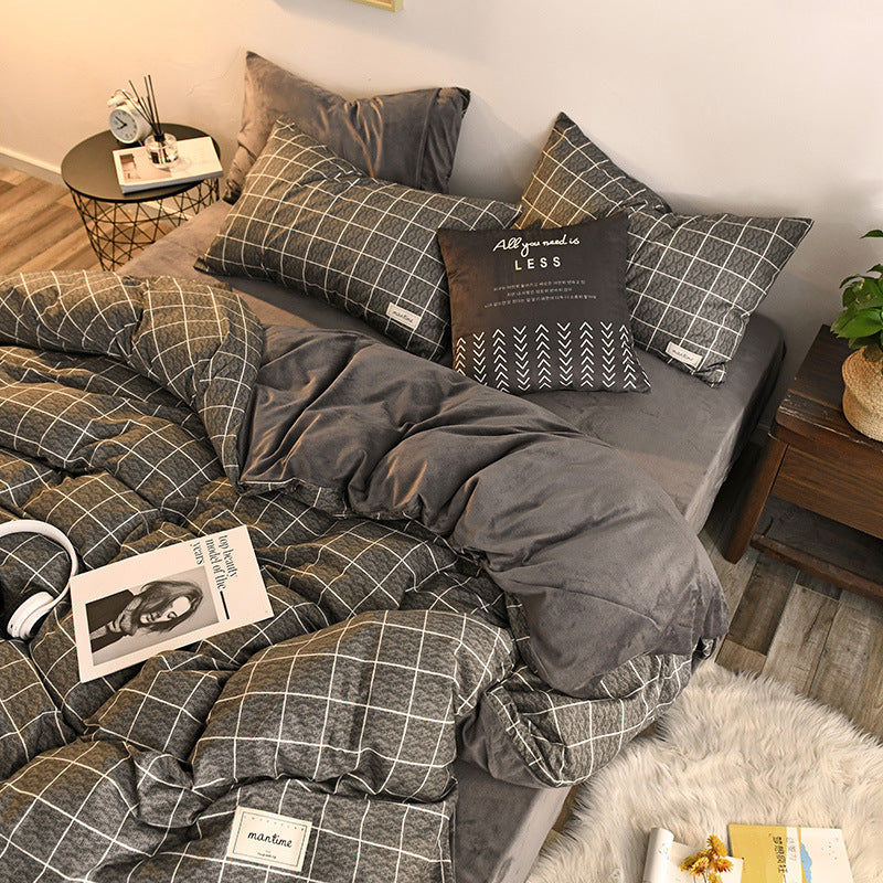 HKM-636371 Leopard and Floral Print Cotton Velvet 4-Piece Bedding Set - Duvet Cover, Sheets, Pillowcases