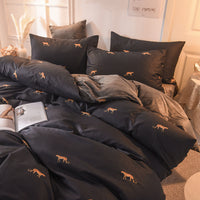 HKM-636371 Leopard and Floral Print Cotton Velvet 4-Piece Bedding Set - Duvet Cover, Sheets, Pillowcases
