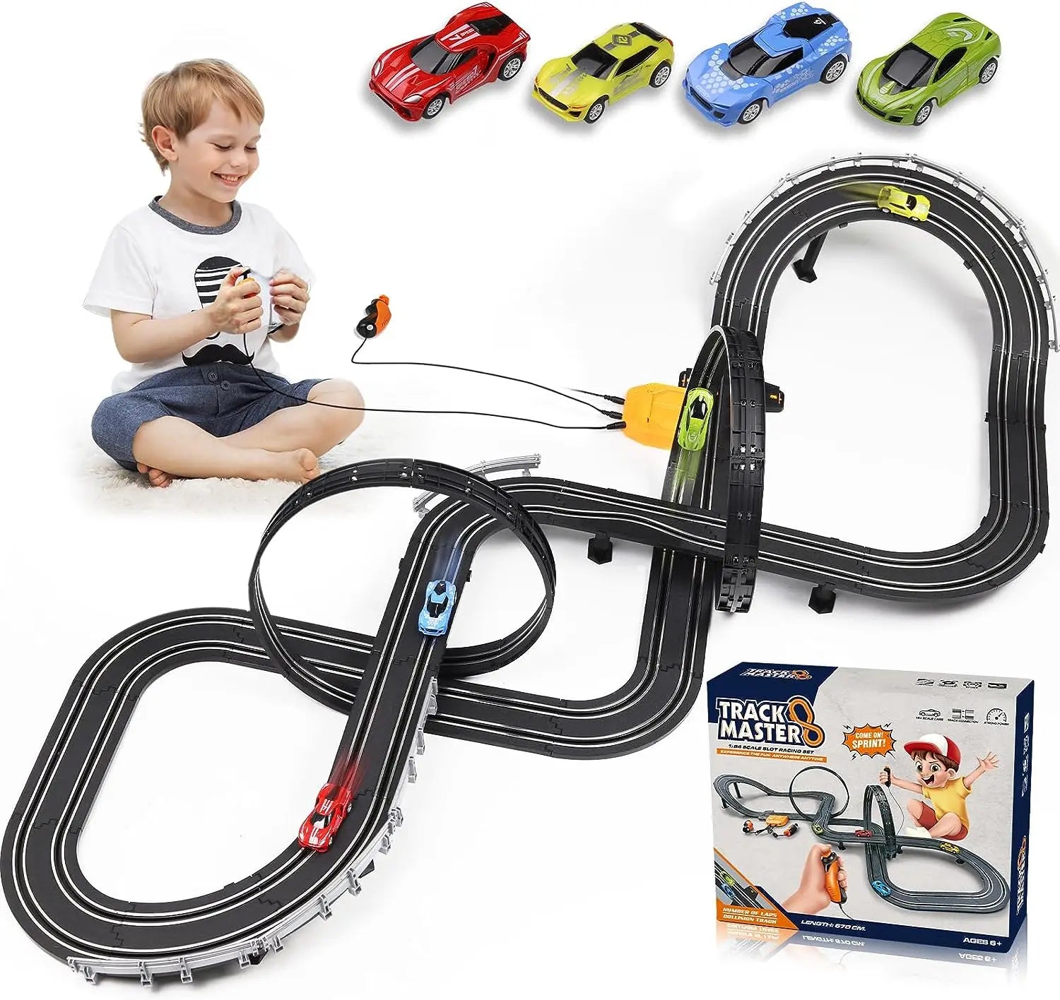 HKM-637011 High-Speed Electric Slot Car Race Track Set - 1:64 Scale Unisex Toy for Ages 5 and Up