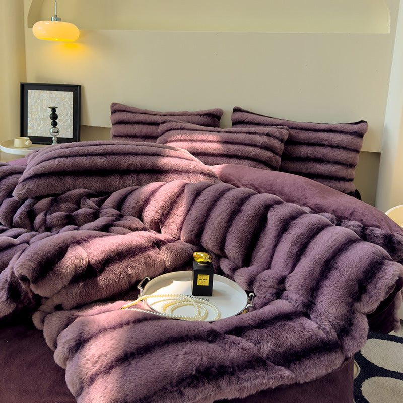 HKM-637203 Milk Fiber Thick Rabbit Fur Four-Piece Bedding Set - Soft, Warm, Breathable for Autumn and Winter
