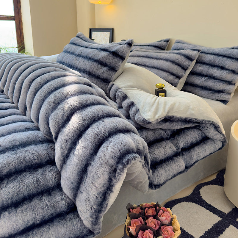 HKM-637203 Milk Fiber Thick Rabbit Fur Four-Piece Bedding Set - Soft, Warm, Breathable for Autumn and Winter