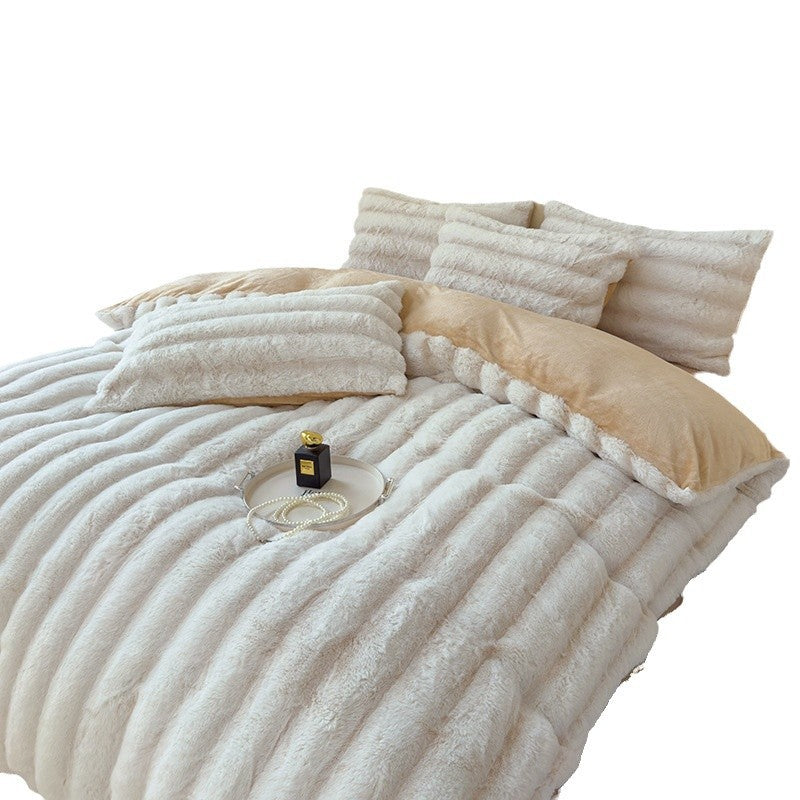 HKM-637203 Milk Fiber Thick Rabbit Fur Four-Piece Bedding Set - Soft, Warm, Breathable for Autumn and Winter