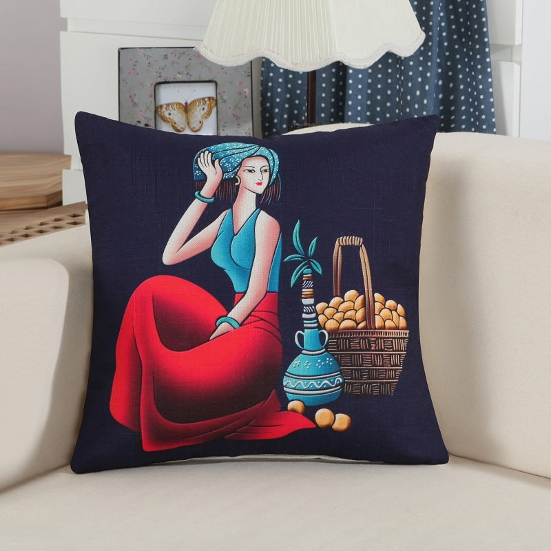 HKM-637267 National Style Linen Character Pillow Case - 45 x 45 cm Cushion Cover