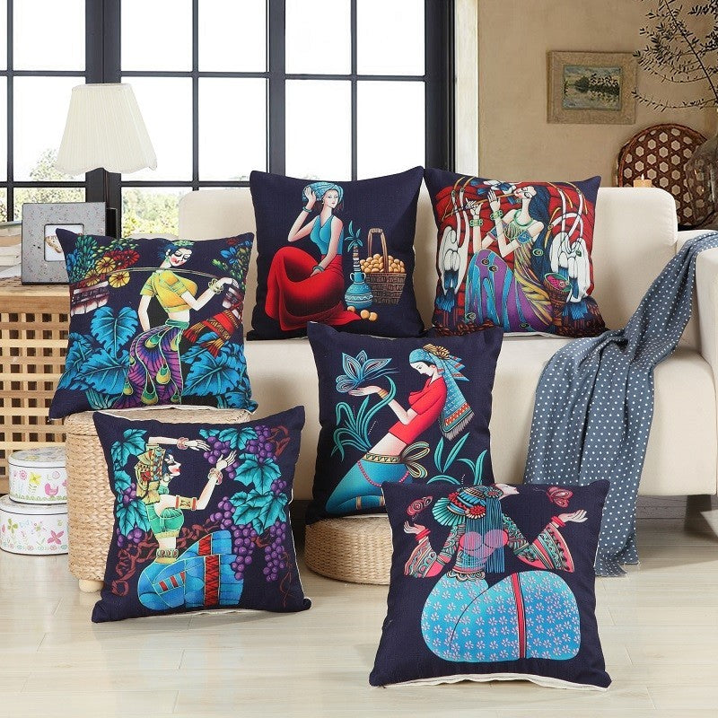HKM-637267 National Style Linen Character Pillow Case - 45 x 45 cm Cushion Cover