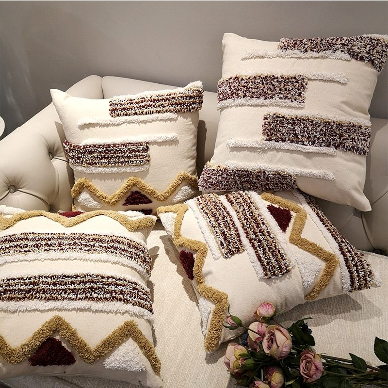 HKM-637331 Luxury Moroccan Geometric Stripe Cushion Cover - Handmade Canvas Pillow Case - 45x45cm for Sofa and Bed